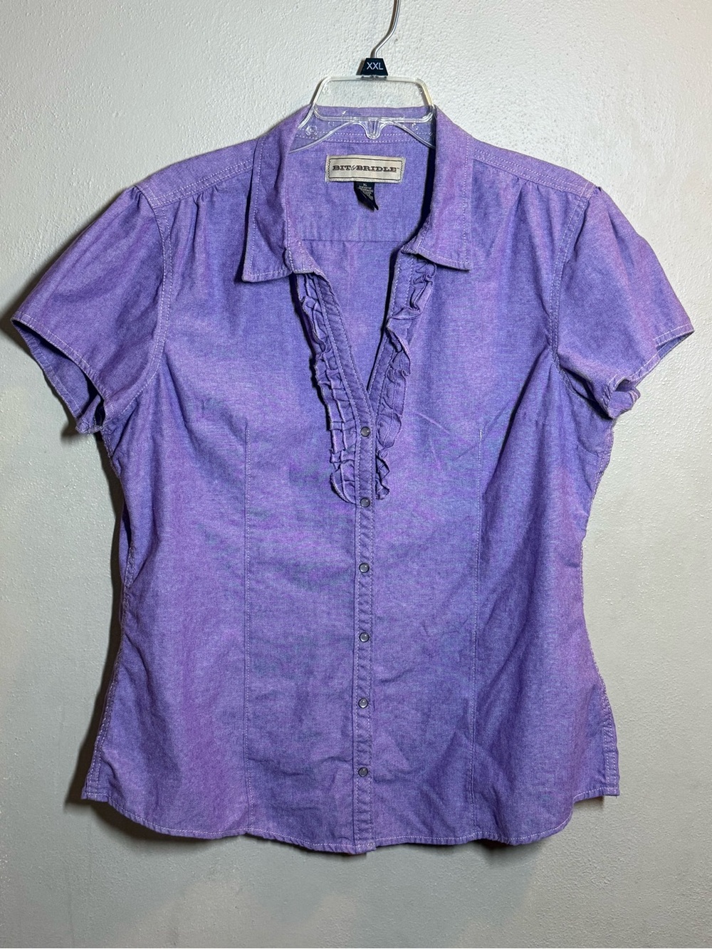 Women’s Bit & Bridle Purple Ruffle-Front Button-Up SS Shirt Sz XL